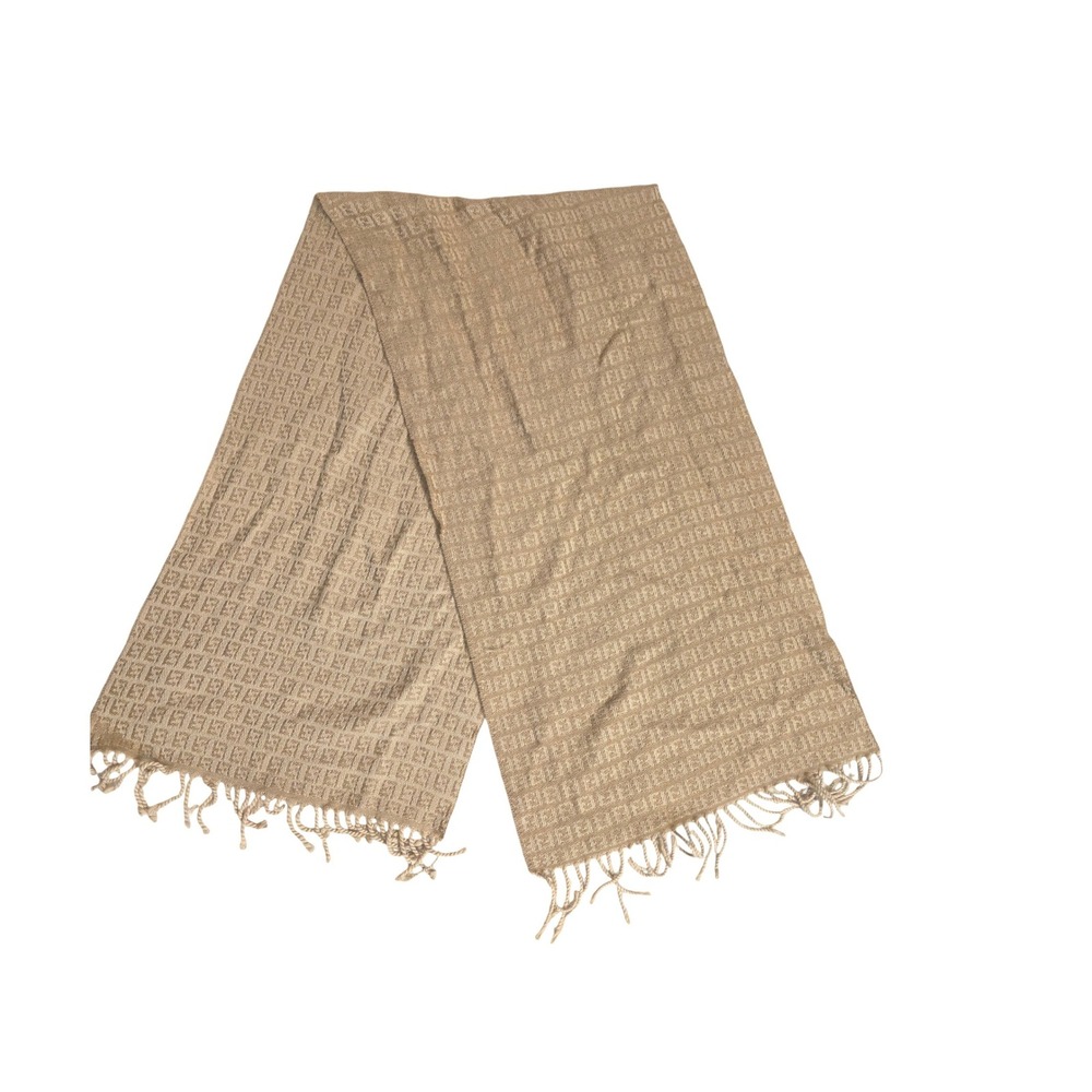 Fendi Zucca Monogram Scarf Tan Beige FF Logo Fringe Trim Rectangle Luxury Scarf - Picture 2 of 16